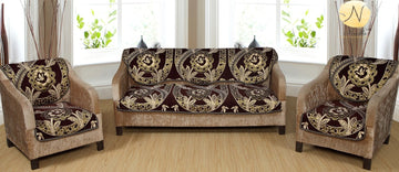 Nendle Floral Design Chenille 5 Seater Sofa Covers Set (Brown, Set of 6 Pieces)